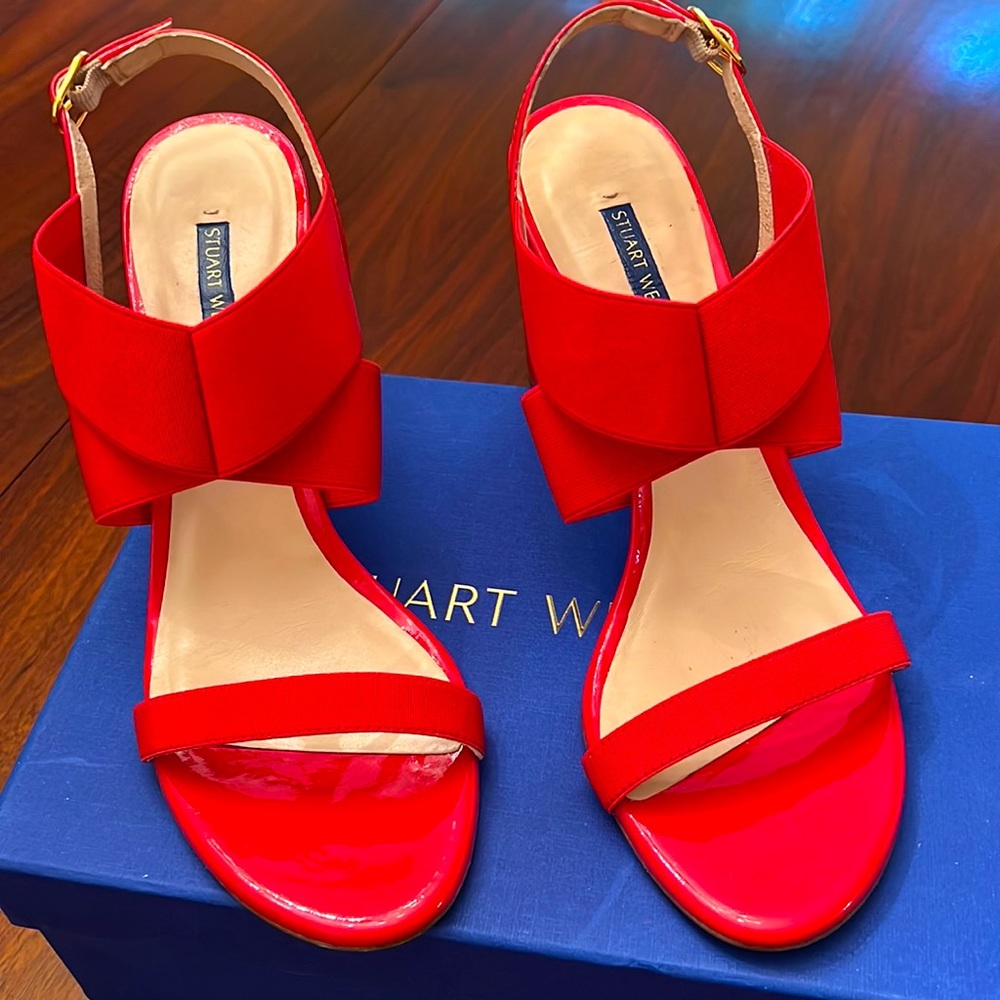 Stuart Weitzman Red Patent Block Heel Shoes